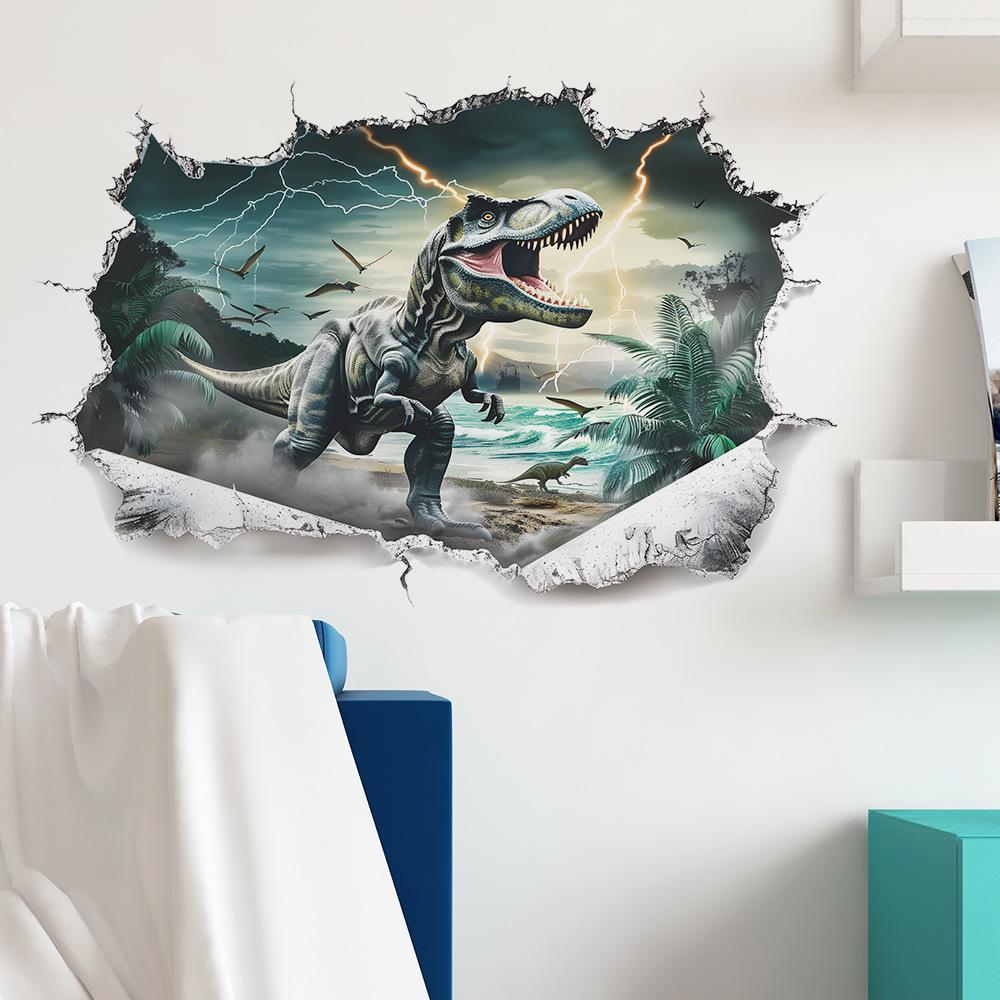 Cartoon Realistic Dinosaur Breaking Through Wall Self Adhesive Wall Sticker for Kids Room Kindergarten Decor