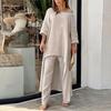 2024 Cotton Linen Women's Plus Size Irregular Long Sleeve Top & Wide-Leg Pants Set