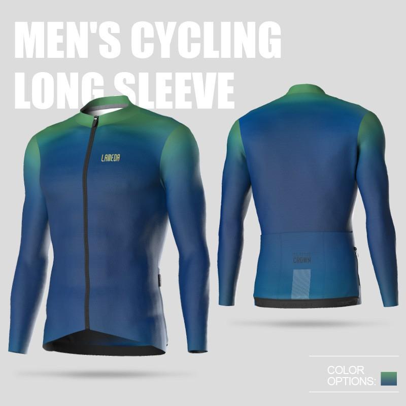 Mens Cycling Jersey Long Sleeve Breathable Performance Bike Shirt Striped Design Ocean Blue Electric