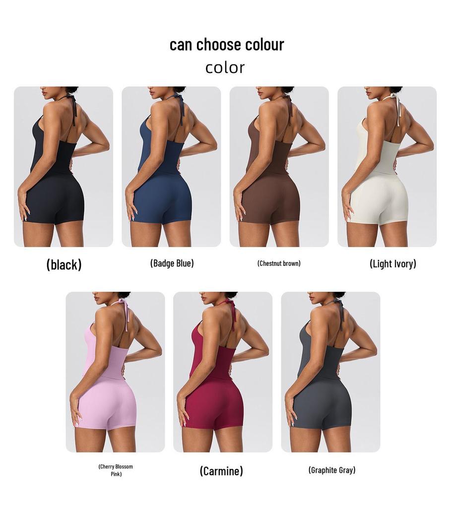 Europäisch-Amerikanisches Wolkengefühl Yoga-Tanktop & Shorts Set: Einfarbig, Seil-Träger, Schöner Rücken, Tasche, Figurbetont für Damen