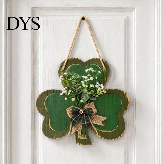 Wooden Clover Hanging Decor St. Patrick's Day Door Sign with Hemp Rope, Rustic Double Layer Shamrock Green Artificial Floral Wreath Flowers and Fabric