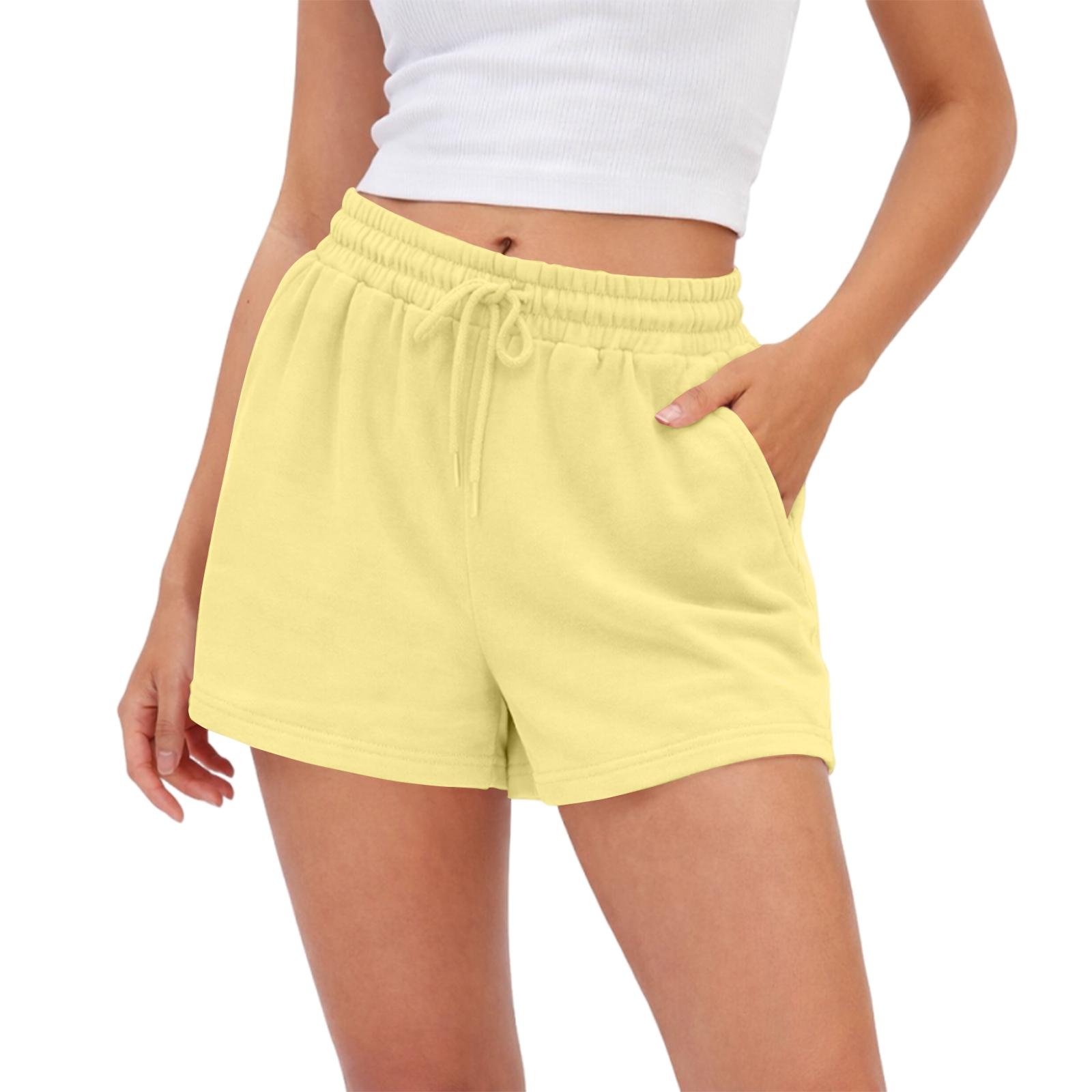 

Women Drawstring Waist Casual Shorts with Elastic and Side Pockets Soft Cotton Fabric Relaxed Fit for Daily Wear S жовтий