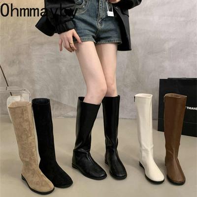 Vintage Elastische Schlankmachende Damen Kniehohe Stiefel Damen Outdoor Weiches Leder Flats Ritter Lange Stiefeletten