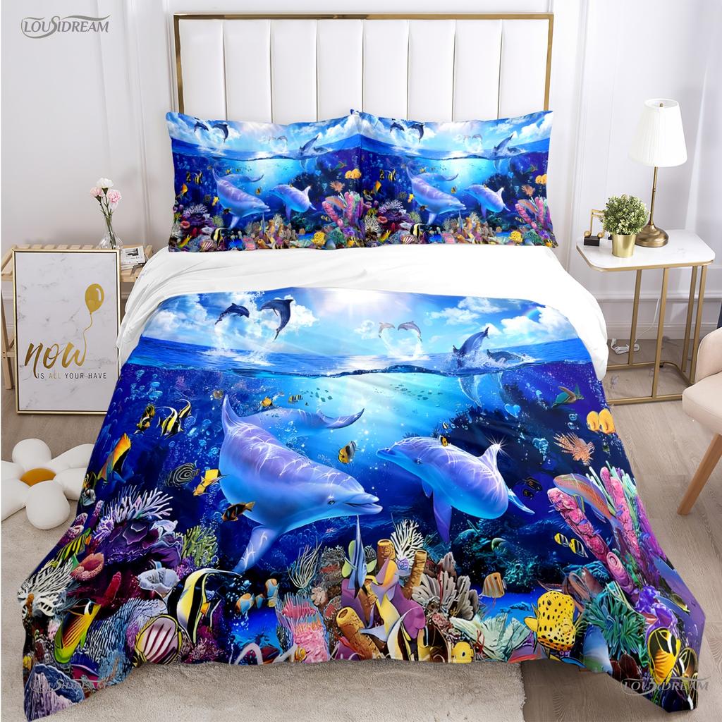 Comforter 3D Ocean World Dolphin Whale Fish Comforter Beding Set Soft And For Single/Double/Queen/King