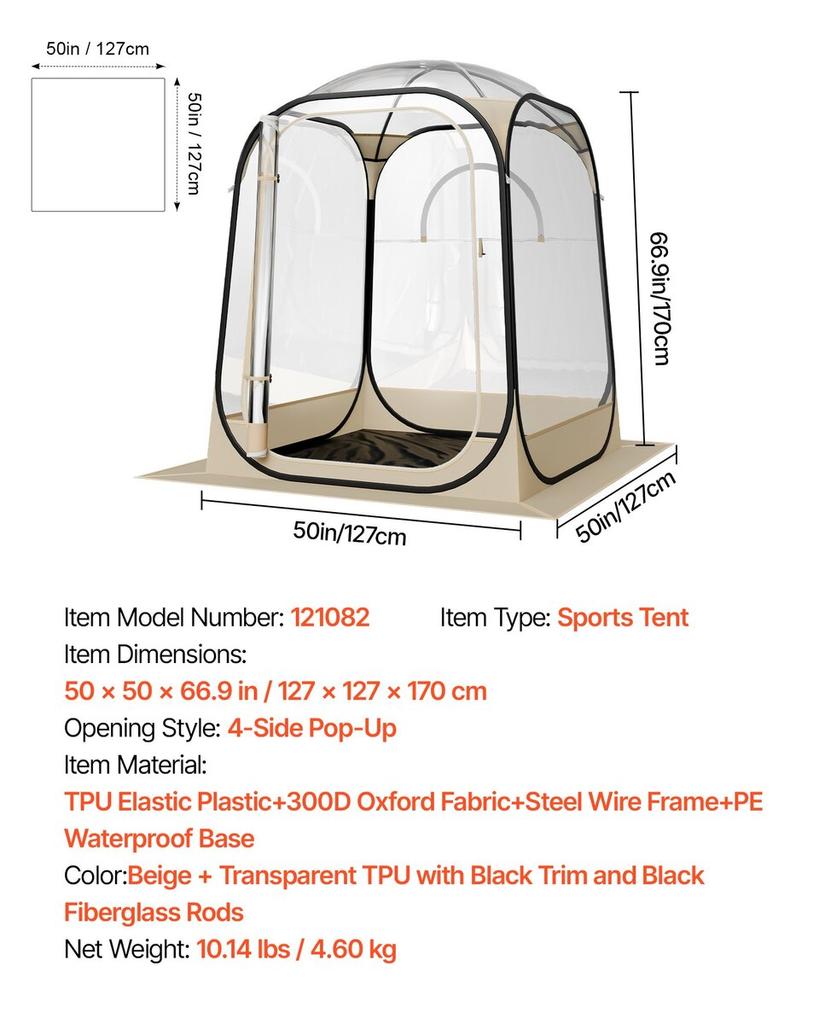 Pop-up Sportzelt, 1,27x1,27 m Klares Blasen-Zelt für 1 Person, Wasserdichter Outdoor-Pod mit Bodenmatte & Dachabdeckung, Garten-Iglu-Kuppelzelte Camping