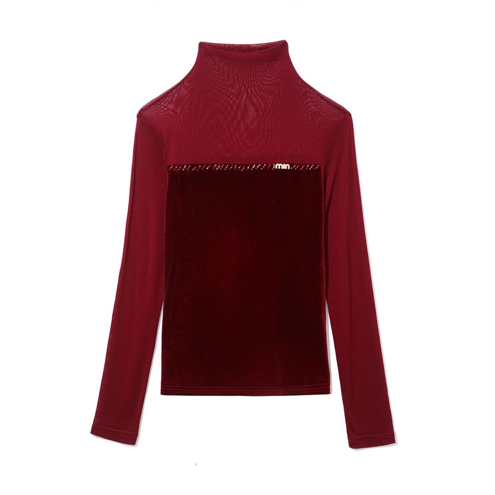 Women's Spring 2026 Light Luxury Beaded Velvet Patchwork Mesh Long Sleeve Top