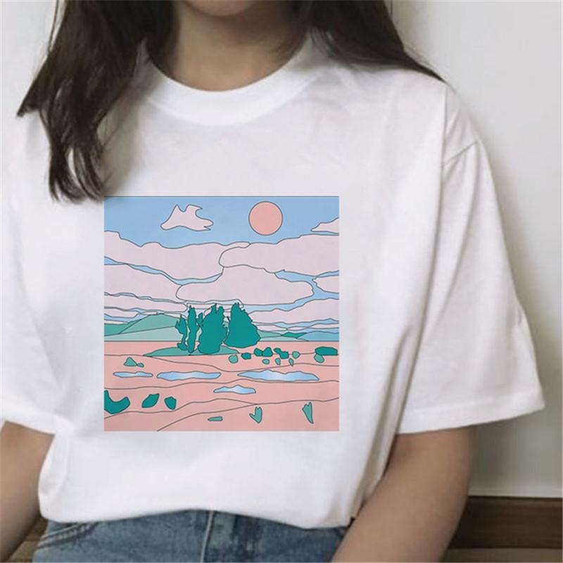 Hotselling New Aesthetic Wave Print Roundneck Shortsleeved Tshirt for Women Graphic T Shirts Aesthetic Clothes Tops Harajuku