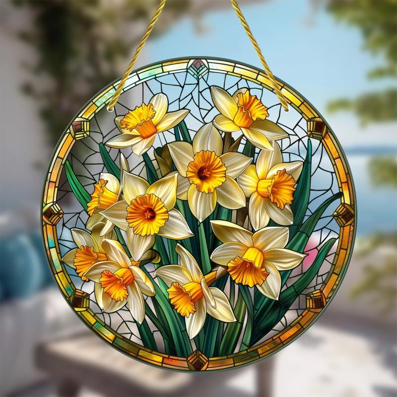 2D Flat Acrylic Garden Round Wall Hanging Decoration Sign, Daffodil Spring Sun Catcher, Nurseries, Vintage Home Decor Wall for Bar Kitchen