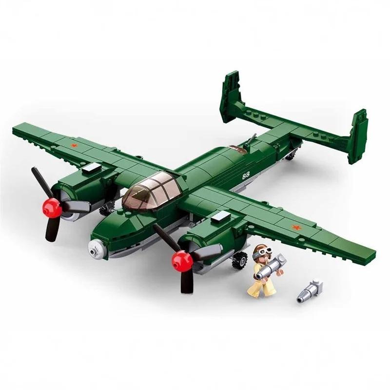 311PCS Military Air Force TU-2 Medium Bomber WW2 Aircraft Model Building Bricks Educational Toy for Kids No Box