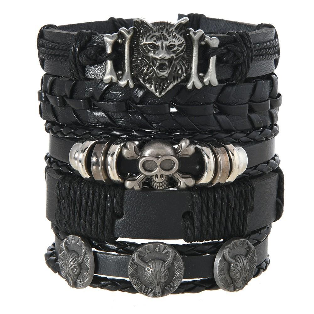 Alloy Men's Bracelet, Multi-layered Leather Skull Bangle, Viking Bracelet