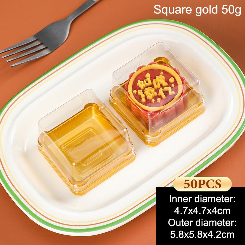 50Pcs Transparent Gold Square Plastic Dessert Egg-Yolk-Puff Box Mooncake Packaging Moon Cake Container for Baking Food Packing