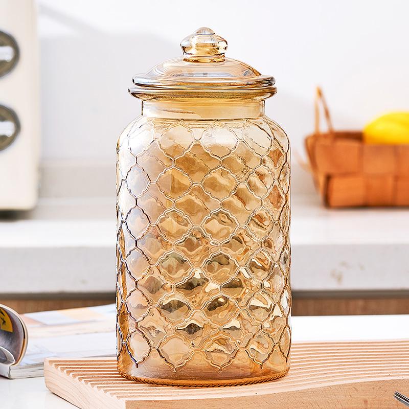 Creative Amber Plaid Striped Glass Jar Sealed Tea Candy Jar Kitchen Food Storage Container Clear Glass Bottle Box Home Decor