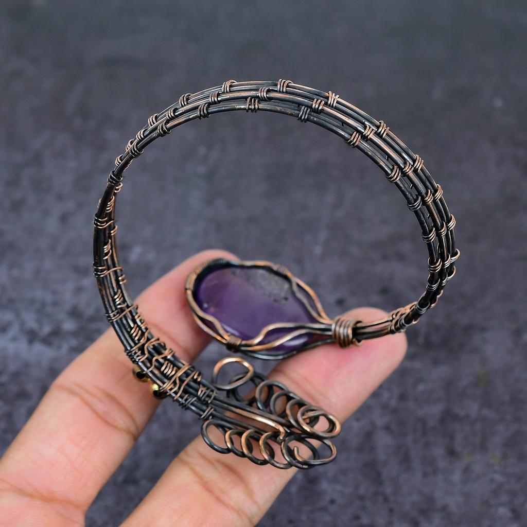 Sage Amethyst Gemstone Handmade Copper Wire Wrap Cuff Bangle Adjustable W4u98