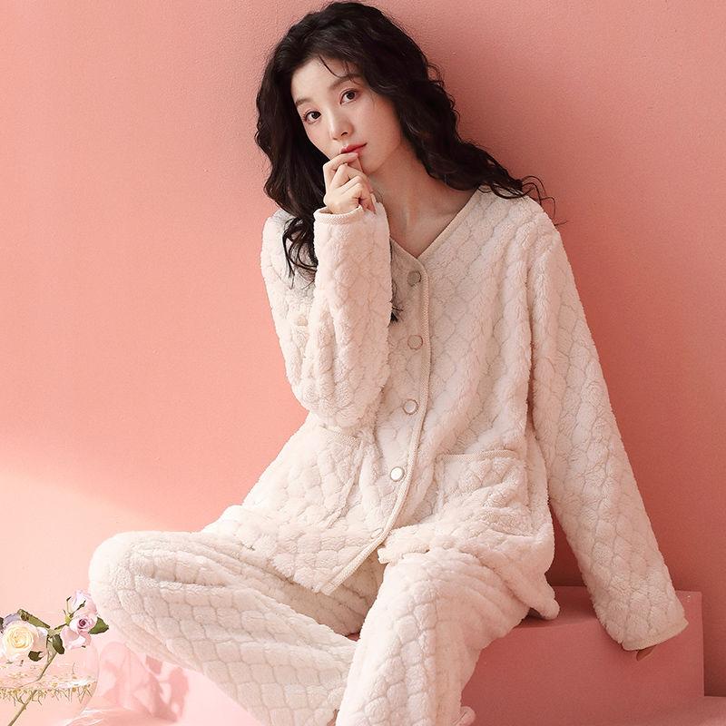 Coral Velvet Pajama Lady Autumn Winter Thickened Sweet Pure Wind Warm Flannel Luxury Outing Home Wear Set Comfortable Antistatic