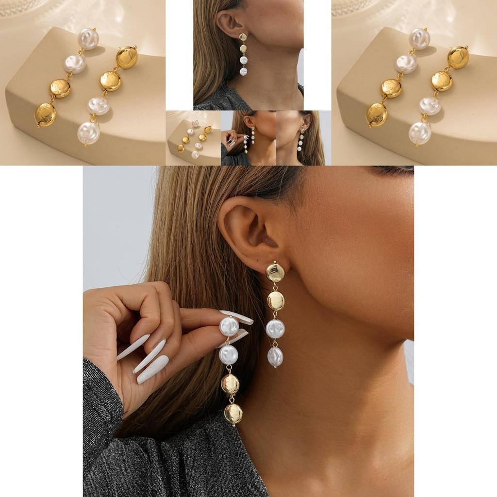 Chic Long Gold Round Pearl Earrings Minimalist Geometric Design For Women 2023