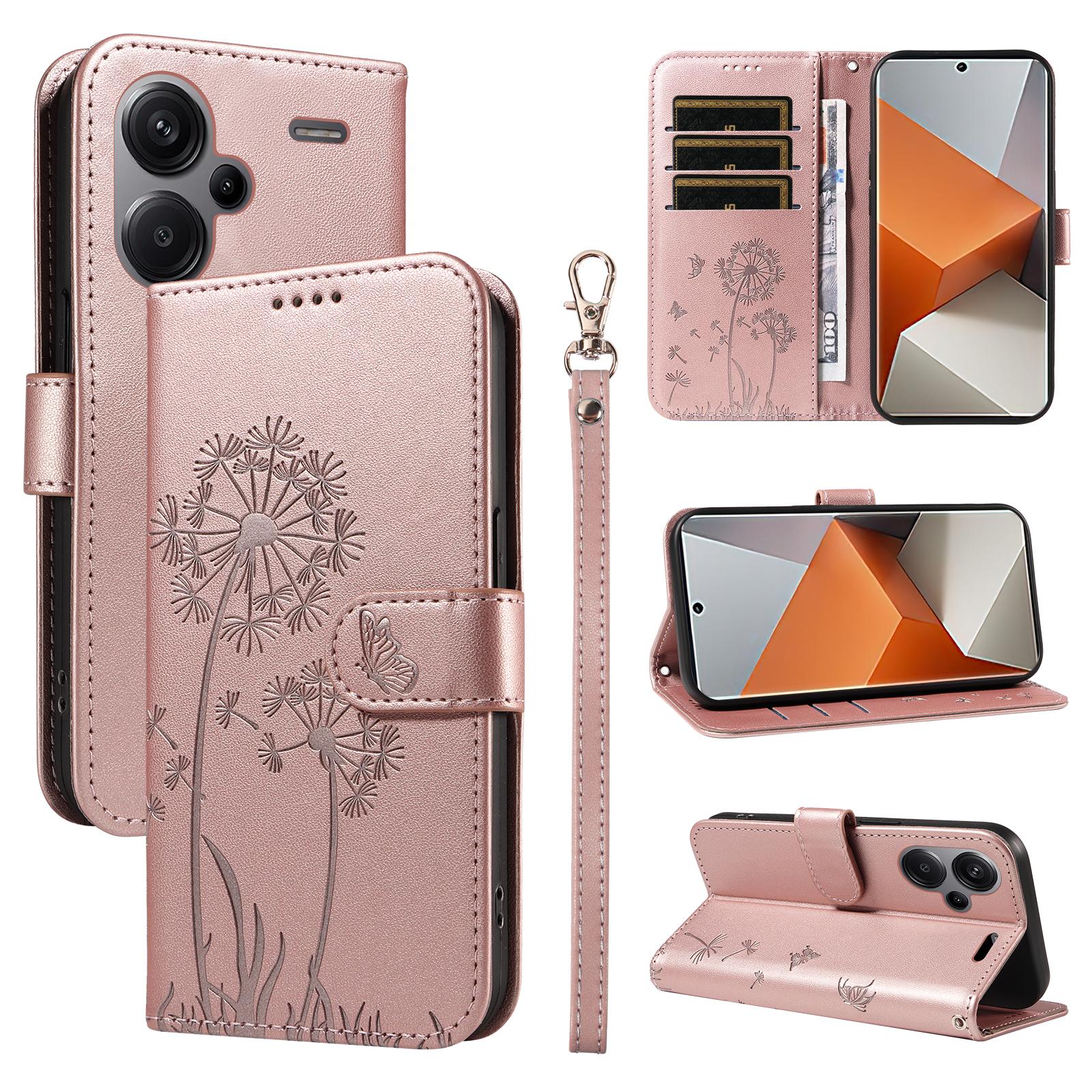 

For Xiaomi Redmi Note 13 Pro+ 5G Leather Case Wallet Phone Cover Dandelion Imprint Rose Gold