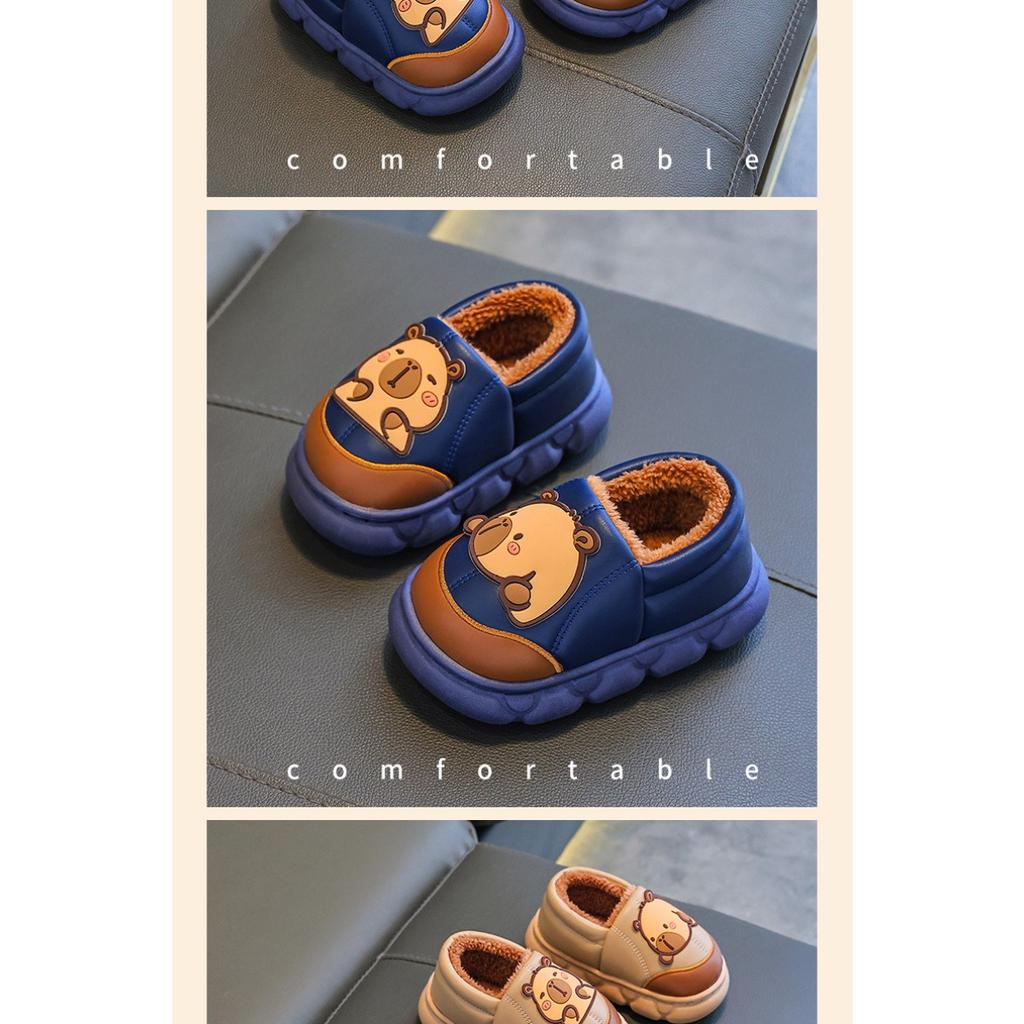 Autumn and Winter Children's Bags, Heels, Cotton Shoes, PU Leather Waterproof, Warm, and Plush Cotton Slippers for Adults and Children At Home