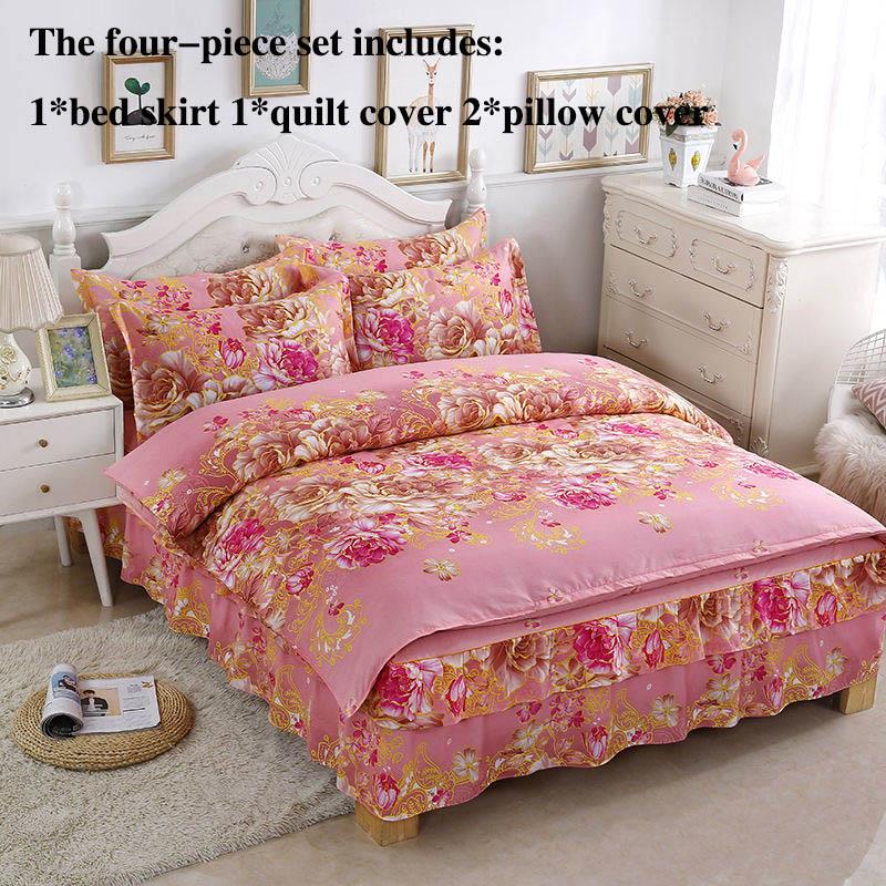 Czteroczęściowe Falbany na Łóżko Narzuty Pokrowce na Łóżko Poszewki na Poduszki Antypoślizgowe Drukowane Prześcieradła Pościel Lekki Luksus