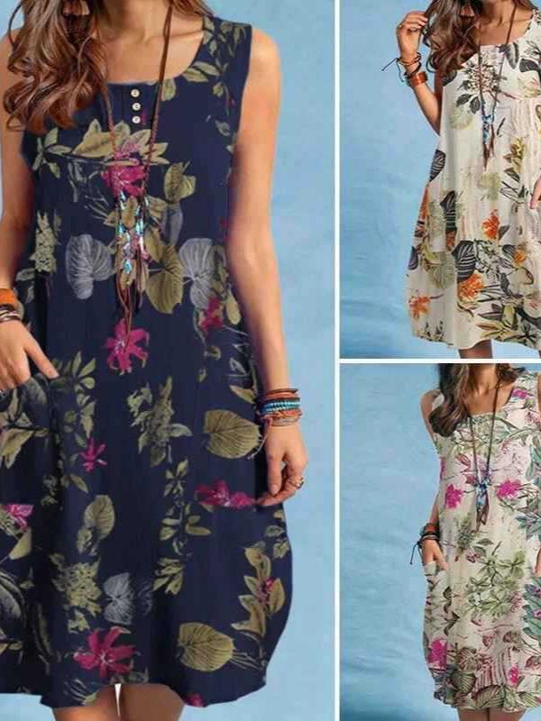 Elegancka Letnia Bawełniana Sukienka Midi - Bez Rękawów i Wzór