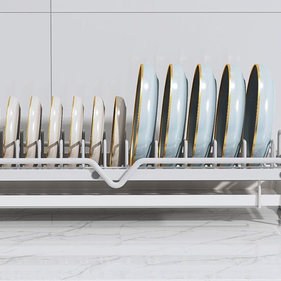 Dish Storage Rack Drawer Type Carbon Steel Frame Wooden Handle Organizer Rational Use of Space Drying Rack for Kitchen
