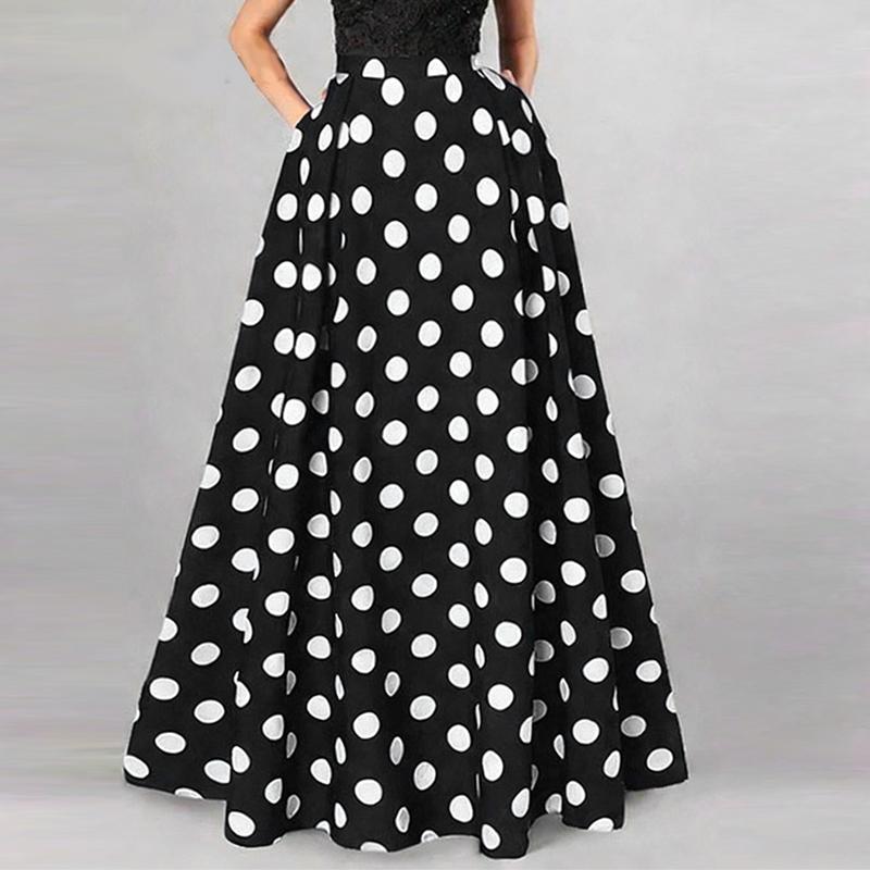 ZANZEA Women Elegant Casual Elastic Waist Loose Polka Dot Print Long Skirts 2XL чёрный