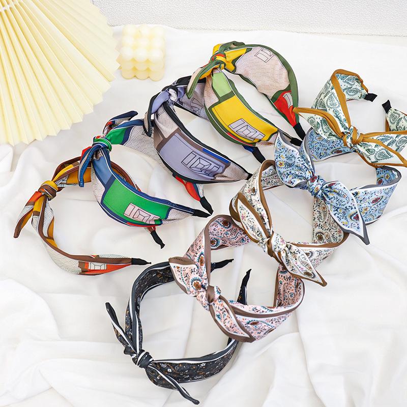 Korean Geometric Art Print Wide Hairband with Bowknot