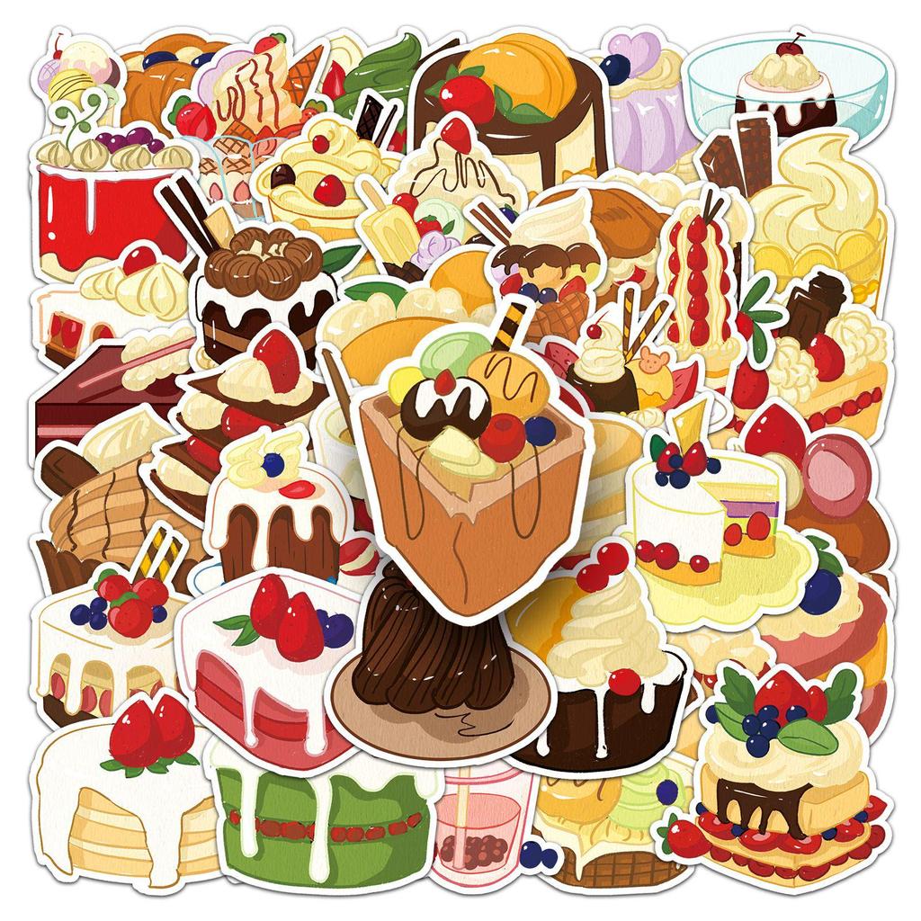 50 Cartoon Dessert Graffiti Stickers: Hand-Painted, Waterproof Decorative Sheets for Cakes, Cups, and Luggage.