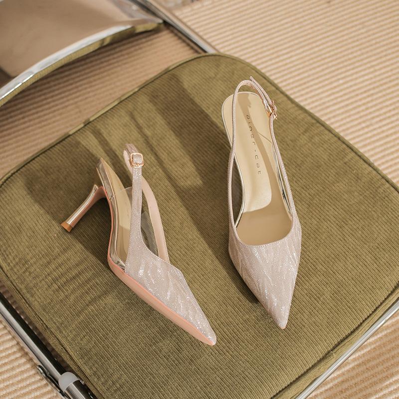 

75720 [sheepskin] high heels women s thin heels summer 2025 new pointed wedding shoes bag head empty sandals 34