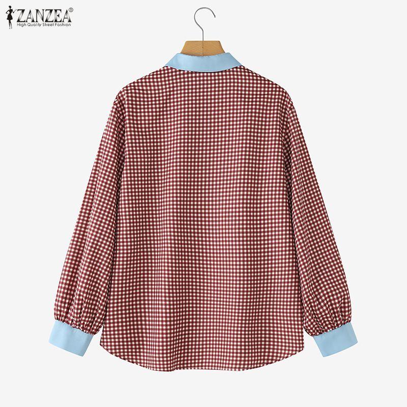 ZANZEA Women Casual Turn Down Collar Long Sleeve Plaid Print Blouse