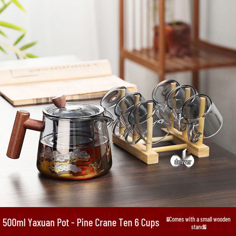 Pine Crane Glass Teapot Set with 6 Cups