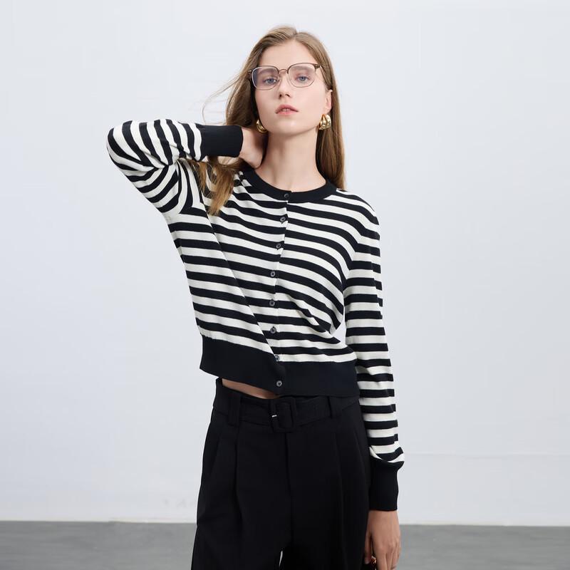 Sancai Women's Striped Knit Long-Sleeve Cardigan