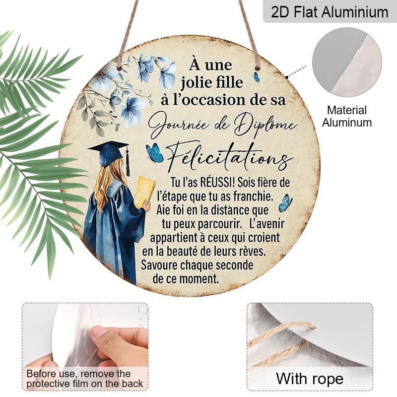 2D Flat - A Vintage Decorative Plaque Measuring 7.87X7.87 Inches, Featuring a Round French Aluminum Sign with a "Congratulations on Your Graduation