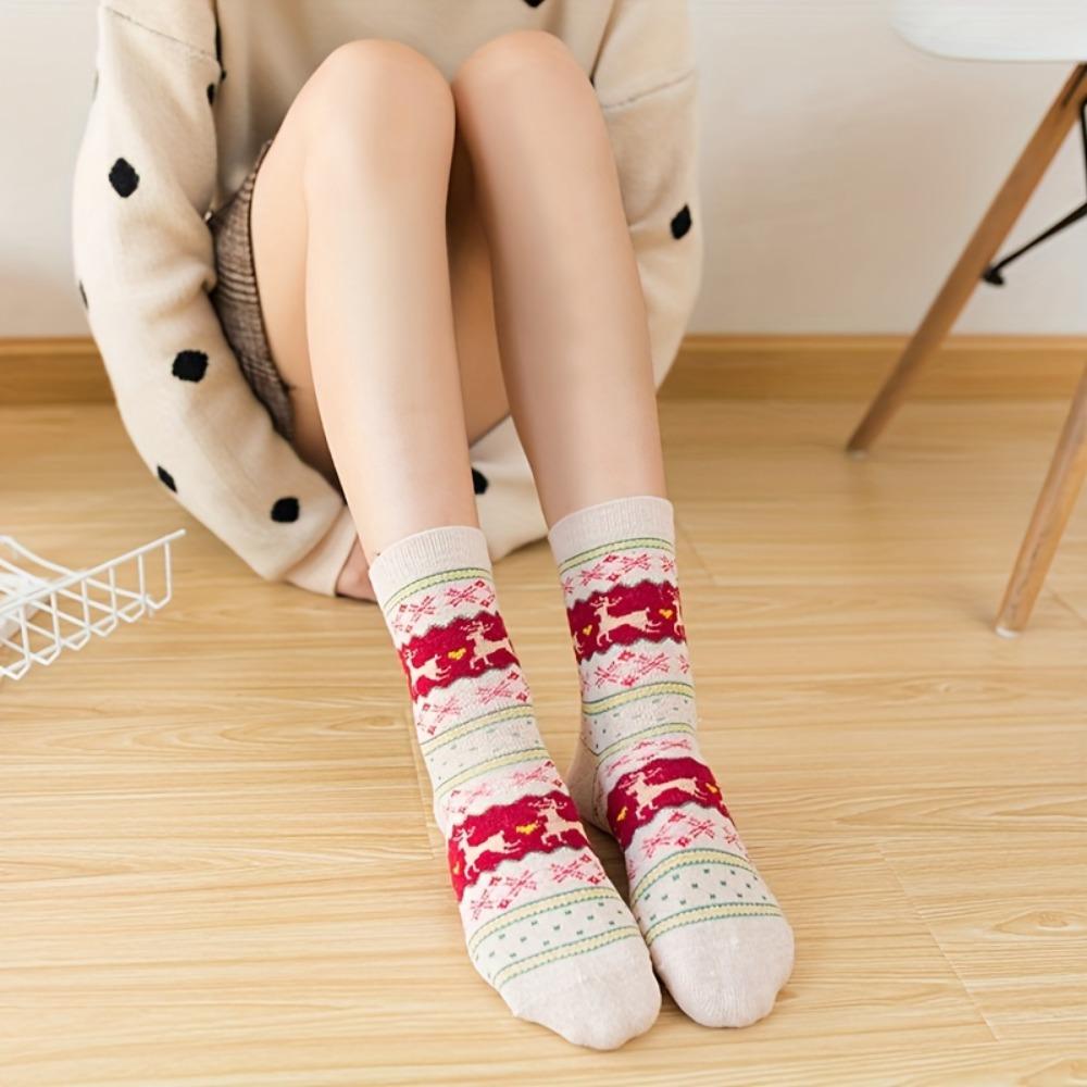 5 Pairs Elk Print Thickened Socks, Comfy & Warm Christmas Mid Tube Socks, Women's Stockings & Hosiery