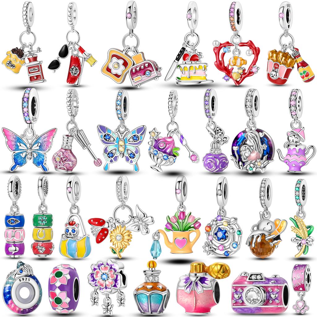 2025 Newest Colorful Charms Bead 925 Sterling copper Pink Butterfly Pendants Fit Original Mula Bracelet DIY Zircon Marking