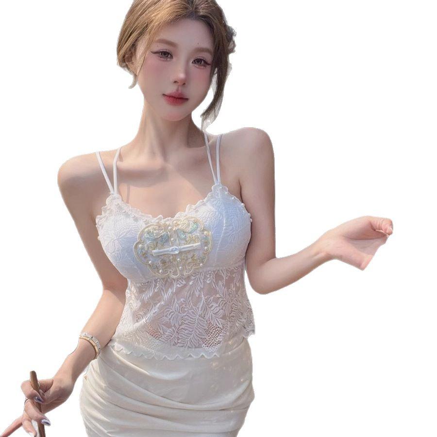 Summer Women's National Style Lace Camisole Halter Top with Chest Pads