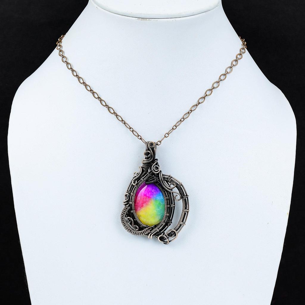 Rainbow Solar Quartz Druzy Pendant Copper Wire Wrapped Pendant Handmade Brand New Jewelry Gemstone Pendant Copper Wire Jewelry Gift For Mom
