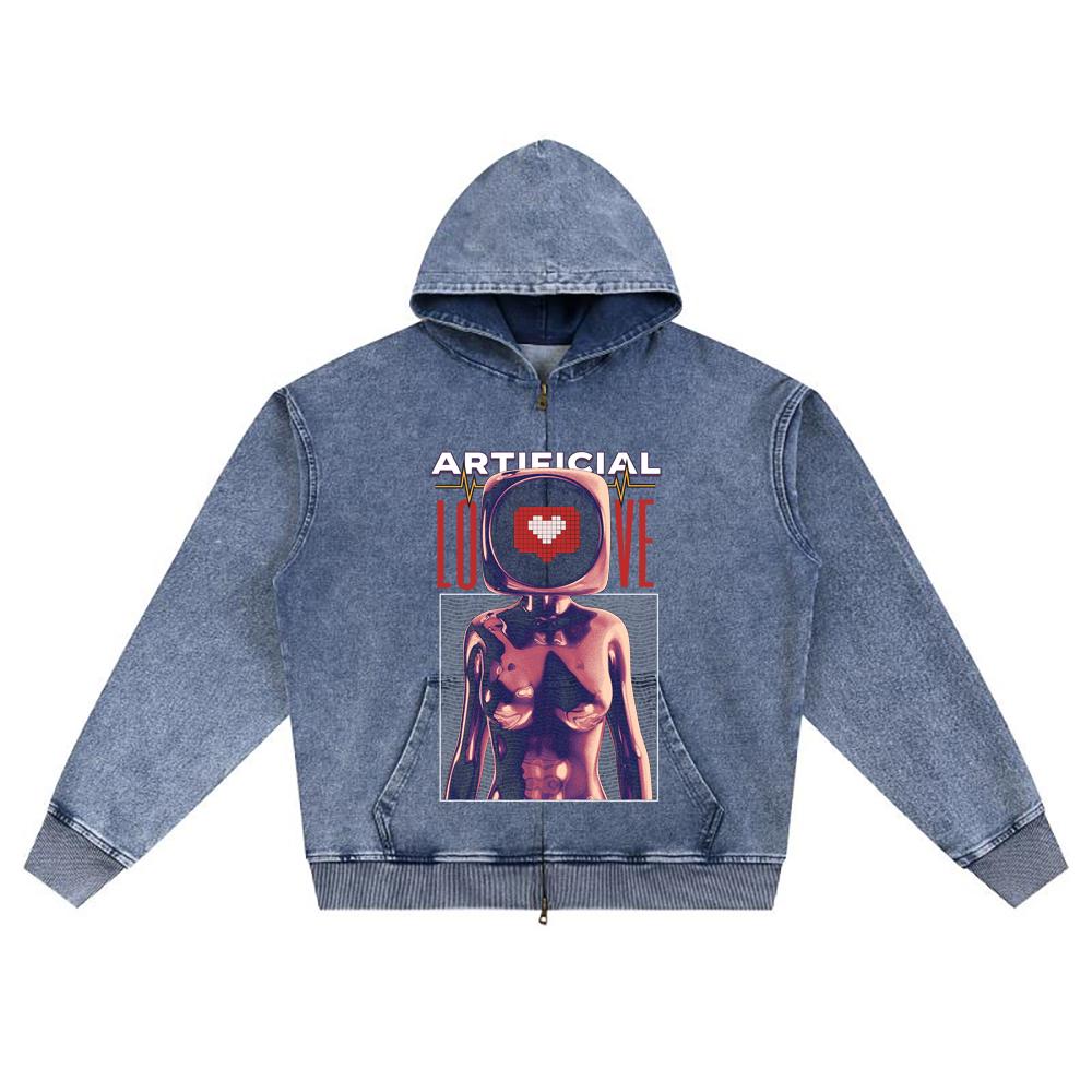 DTG-Druck Strick-Denim Zip-Up Hoodie Künstliche Liebe Bruder Druck Reißverschluss-Hoodies