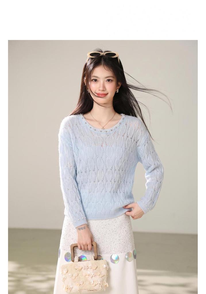 2026 Women's Korean-Style Beaded Hollow Pullover Sweater, Autumn Knitwear with Relaxed Design