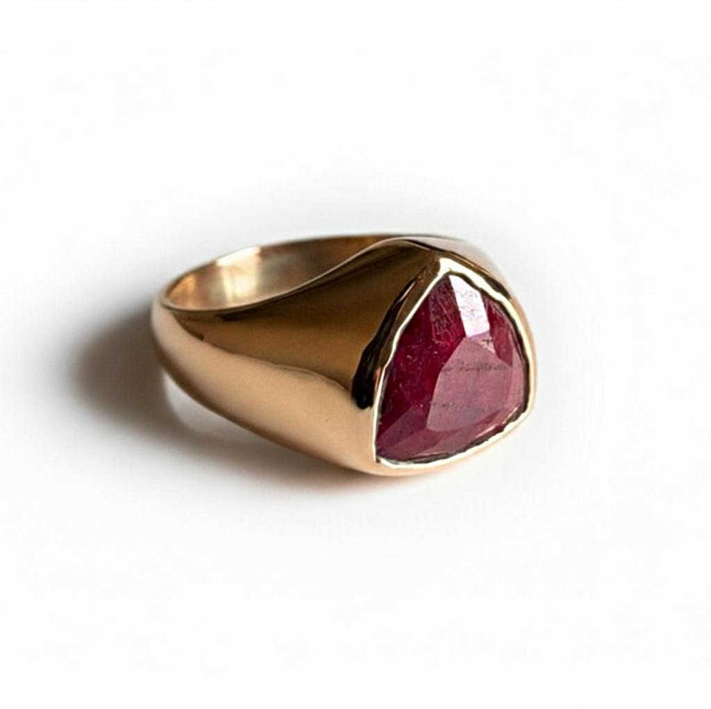 Naturlig Röd Rubinring, 22K Guldfyllning, 925 Sterlingsilverring, Rubin Signetring, Triangelformad Ring, Ren Kopparring, Löftesring