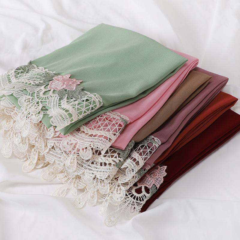 New Premium Pearl Chiffon Hijab Long Shawl Embroidered Lace Floral Muslim Women Wrap Headscarf 70X175Cm Abaya Islam Turban Femme