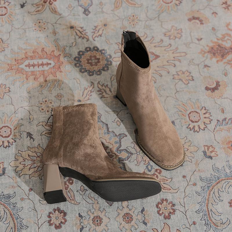 Temperament Suede Thick Heel Short Boots Women's Rear Zipper Autumn and Winter New Comfortable Versatile Square Head Elastic Medium Tube Fashion Boots