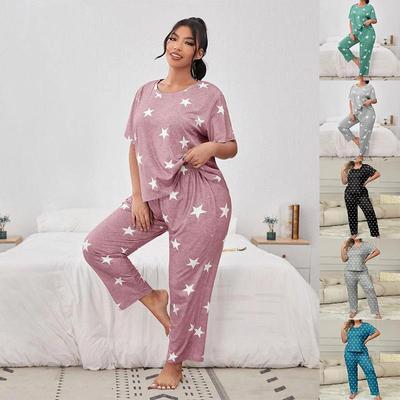 Star Print Pajamas Set: Short-Sleeved Top & Trousers for Women
