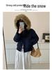 Women's Navy Blue Hooded Cotton Coat with Faux Fur Collar - Warm Winter Short Jacket