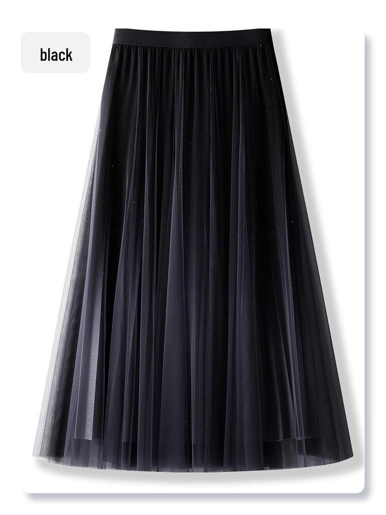 Shiny Silk Pleated Midi Skirt - High Waist A-line for Women, New Autumn/Spring 2025 Collection, Temperament Slimming Long Fairy Skirt.