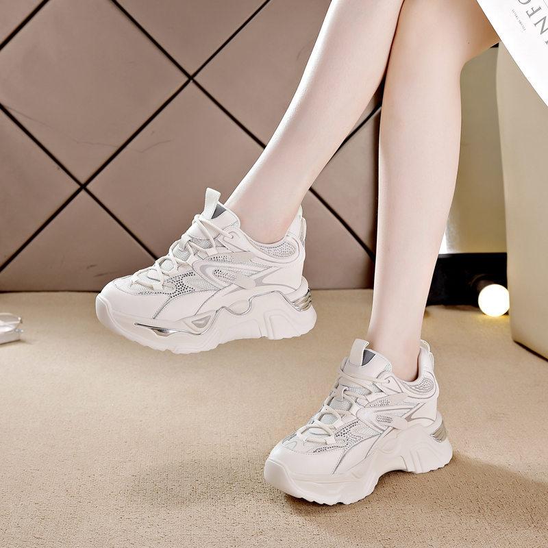 Inner Heightening Women's Shoes Lace-up Rhinestone Casual Shoes Platform Sneakers Single Shoes Autumn and Winter New Dad Shoes