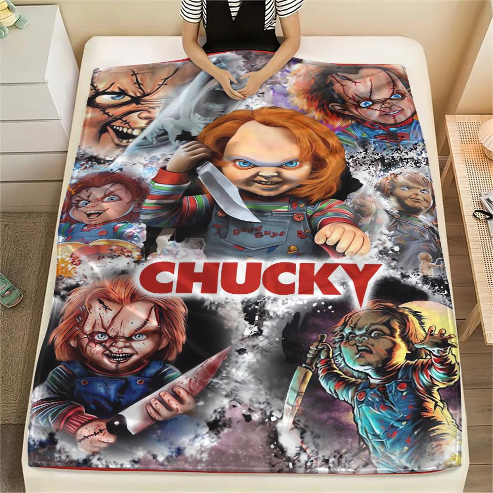 1PC Chucky Print Flannel Blanket, High quality All Seasons, Home Decor, Warmth and Comfort, Perfect for Christmas Gifts