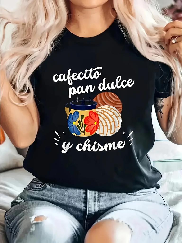 Sleeve Casual Summer Vibrant Mexican Design Casual Wear Women's Spanish Pride Pattern T-Shirt - Black Round Neck Short Sleeved