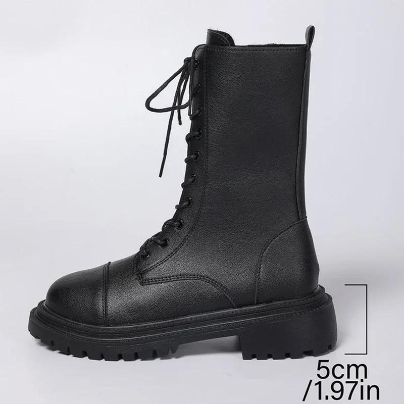 Fashion Fashion Solid Zip Mid Calf Boots for Women Autumn Winter Platform Heels Motorcycle Boots Women Temperament Lace-Up Shoes Woman