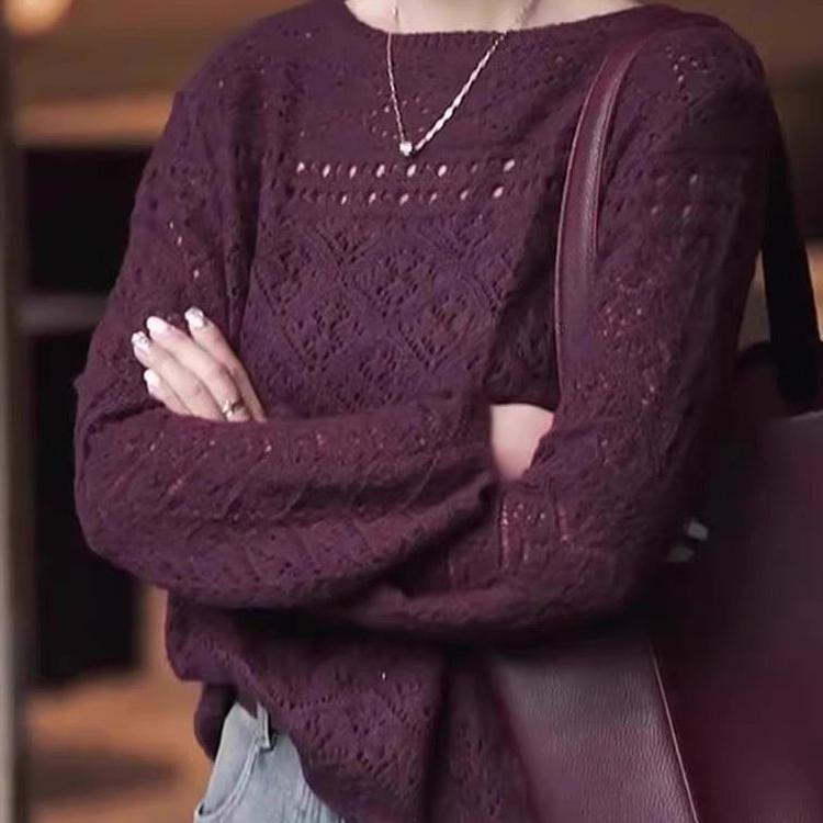 Modny Wysokiej klasy Magentowy Sweter ażurowy dzianinowy top Plus Size Wszechstronny Wiosenny Top