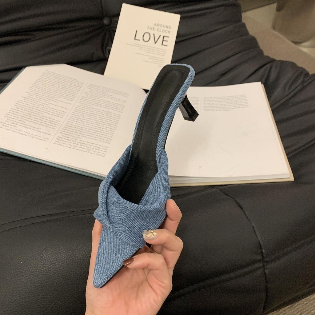 Spitze Pantoletten mit offener Zehenpartie, denimblau, Stiletto-Absatz, Schleifensandalen